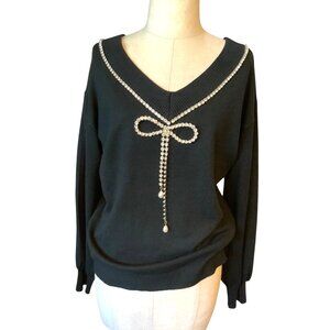 Frank Lyman sweater v neck top Rhinestone bow trim Small
